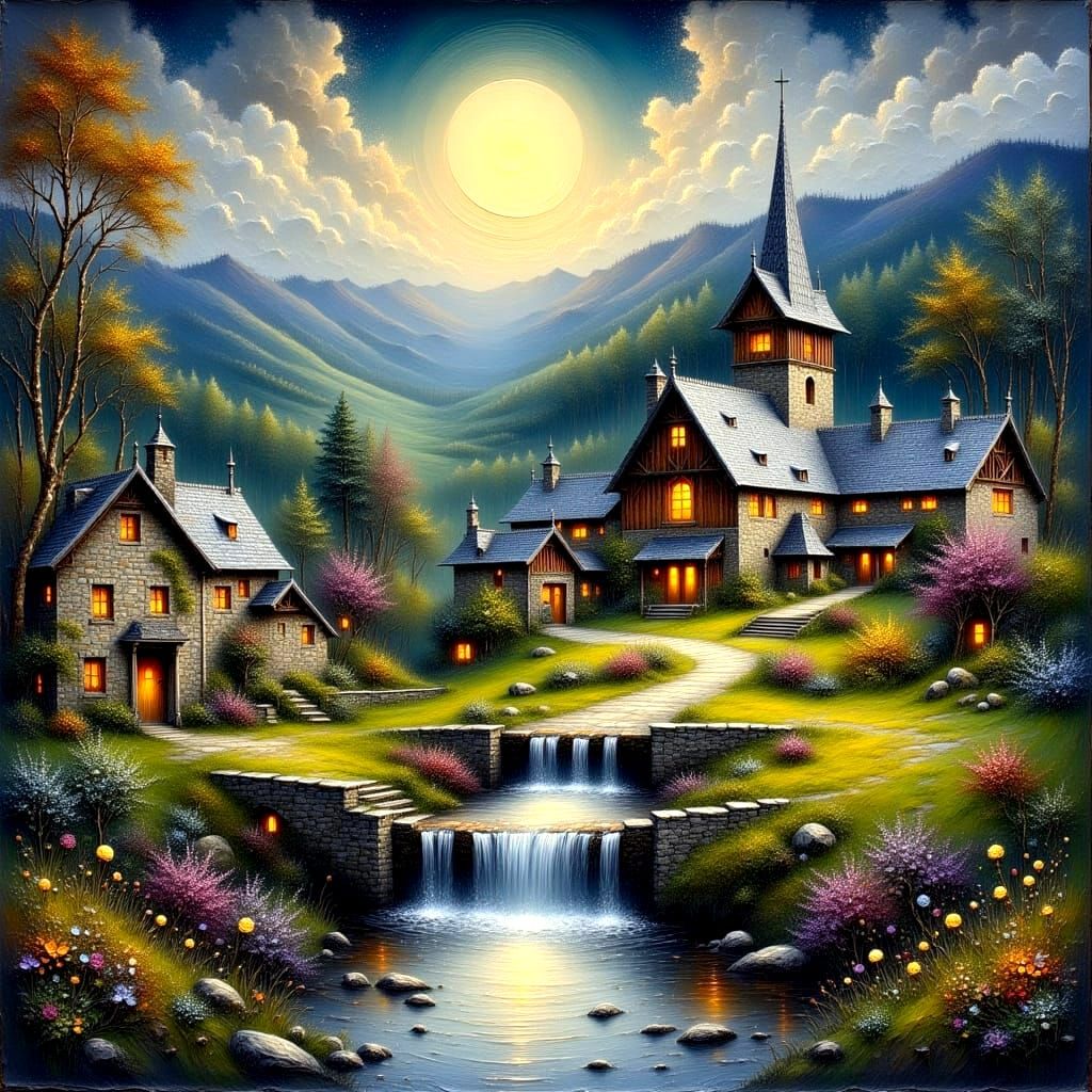 Ethereal Welsh Village under a Full Moon