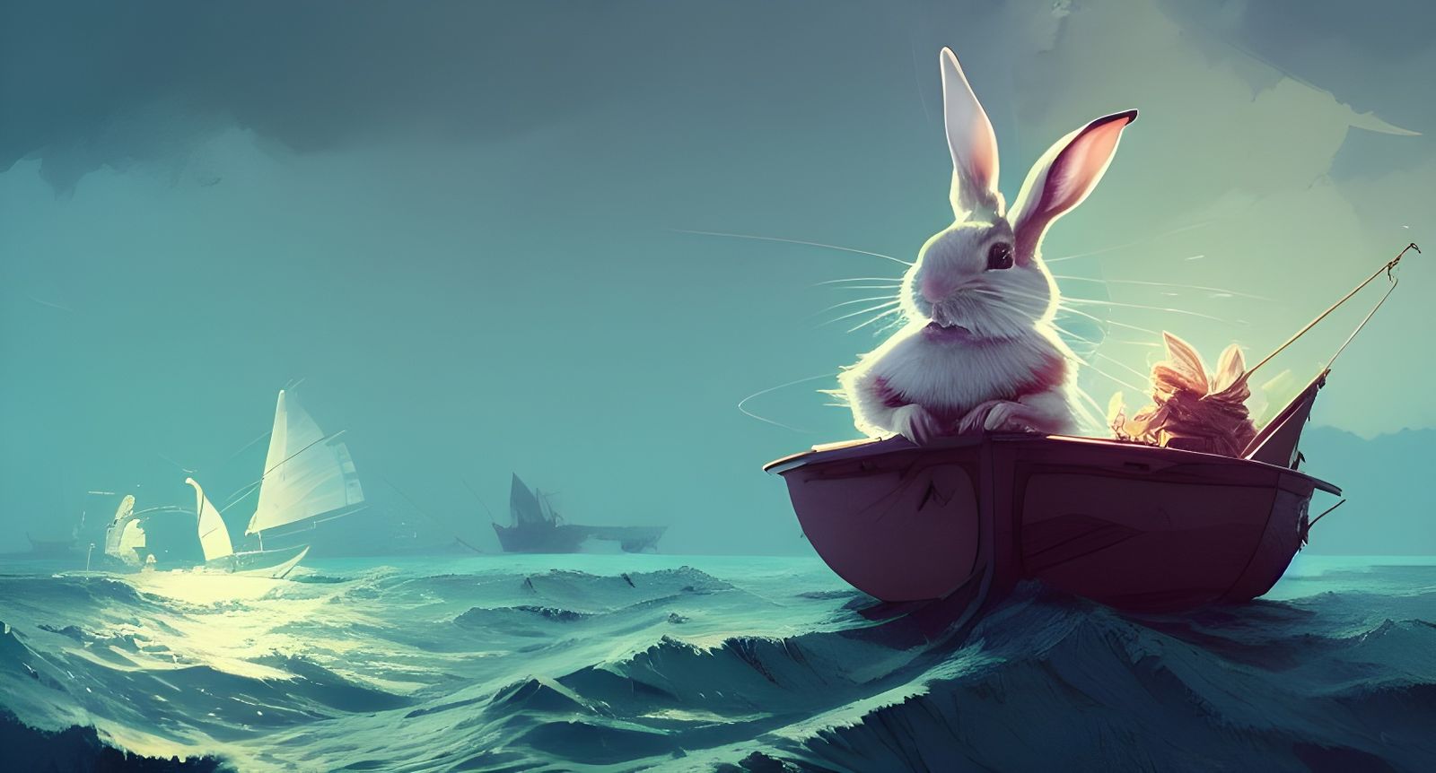Rabbit's Voyage on Stormy Sea: Digital Illustration