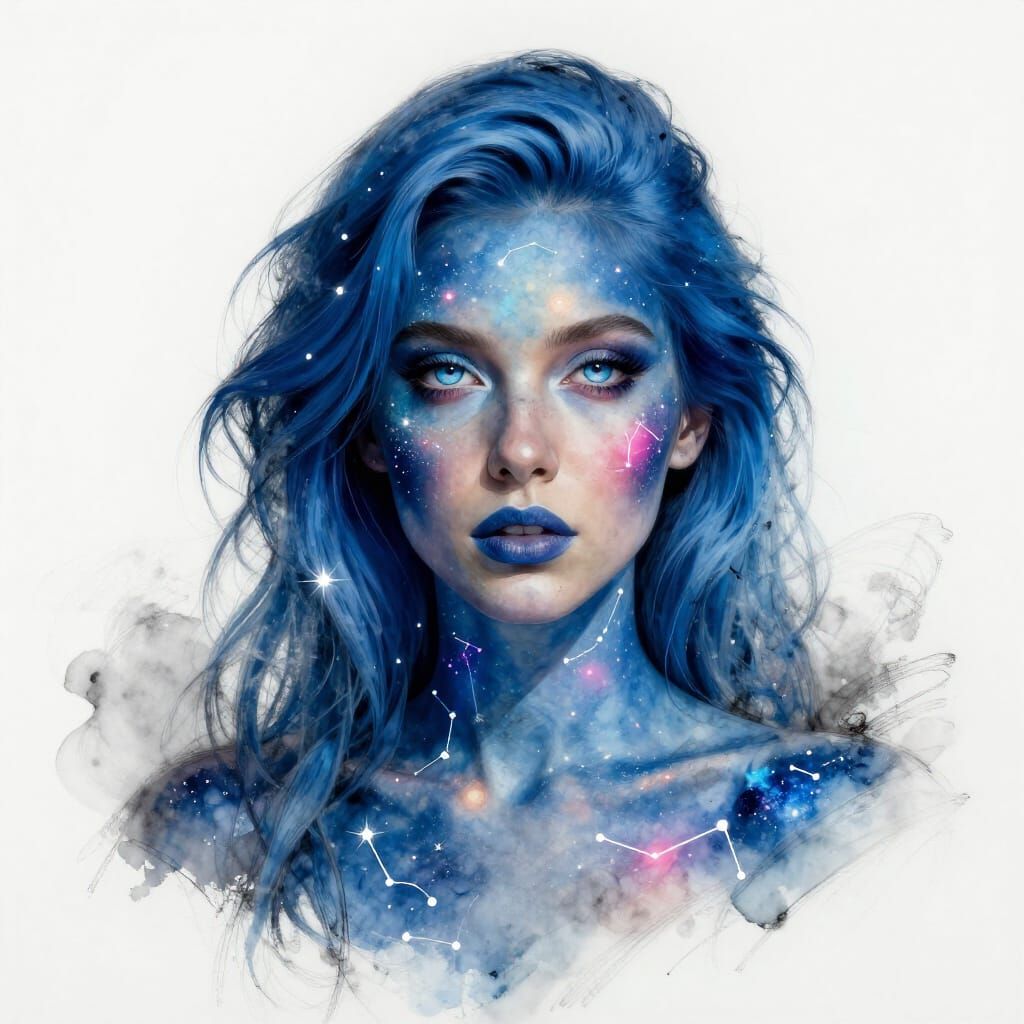 Blue Haired Woman with Cosmic Skin and Neon Accents