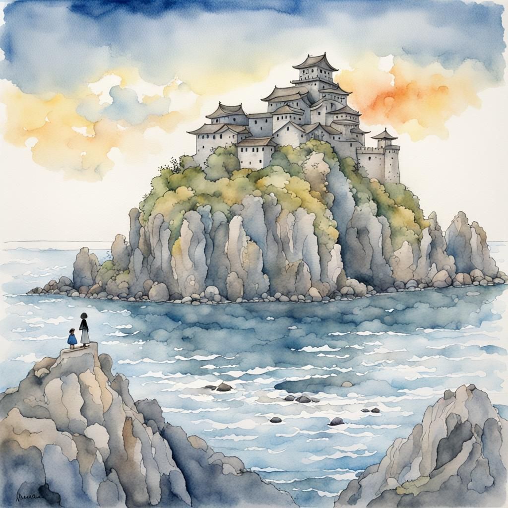 Lonely Island in Japan: Watercolor Ink Art