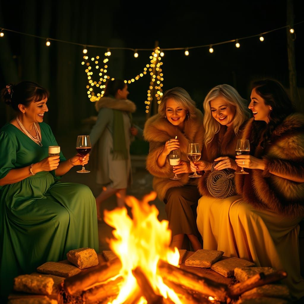 Emerald Ladies Roasting Marshmallows by Bonfire