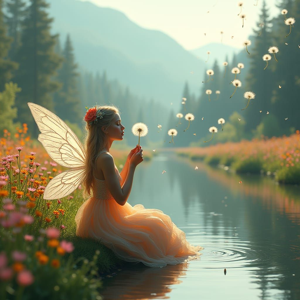 Enchanting Fairy with Dandelion Seeds by River