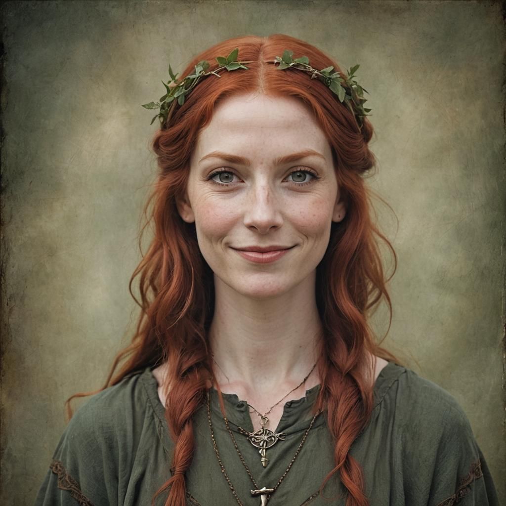 Smiling Red-Haired Pagan Woman: Polaroid-Style Portrait