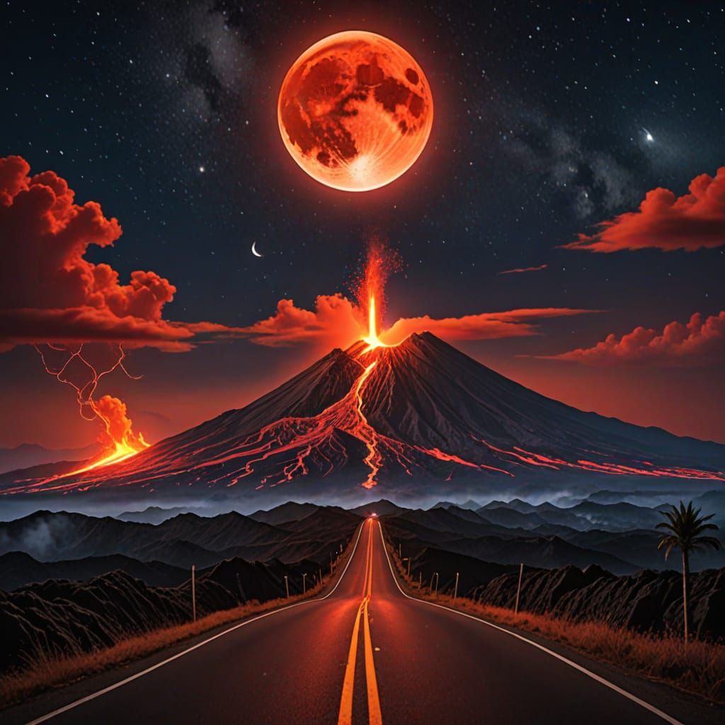 Magical Road to Active Volcano Under Blood Moon