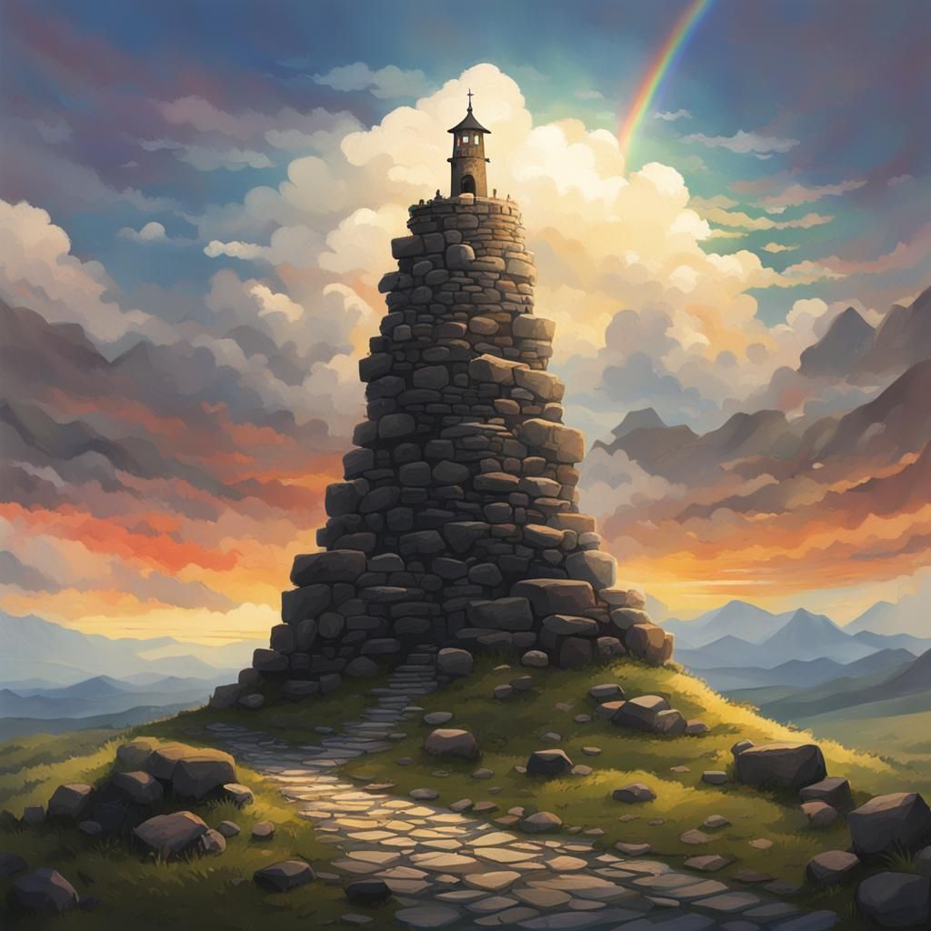 Tower of Stone with Rainbow Rising