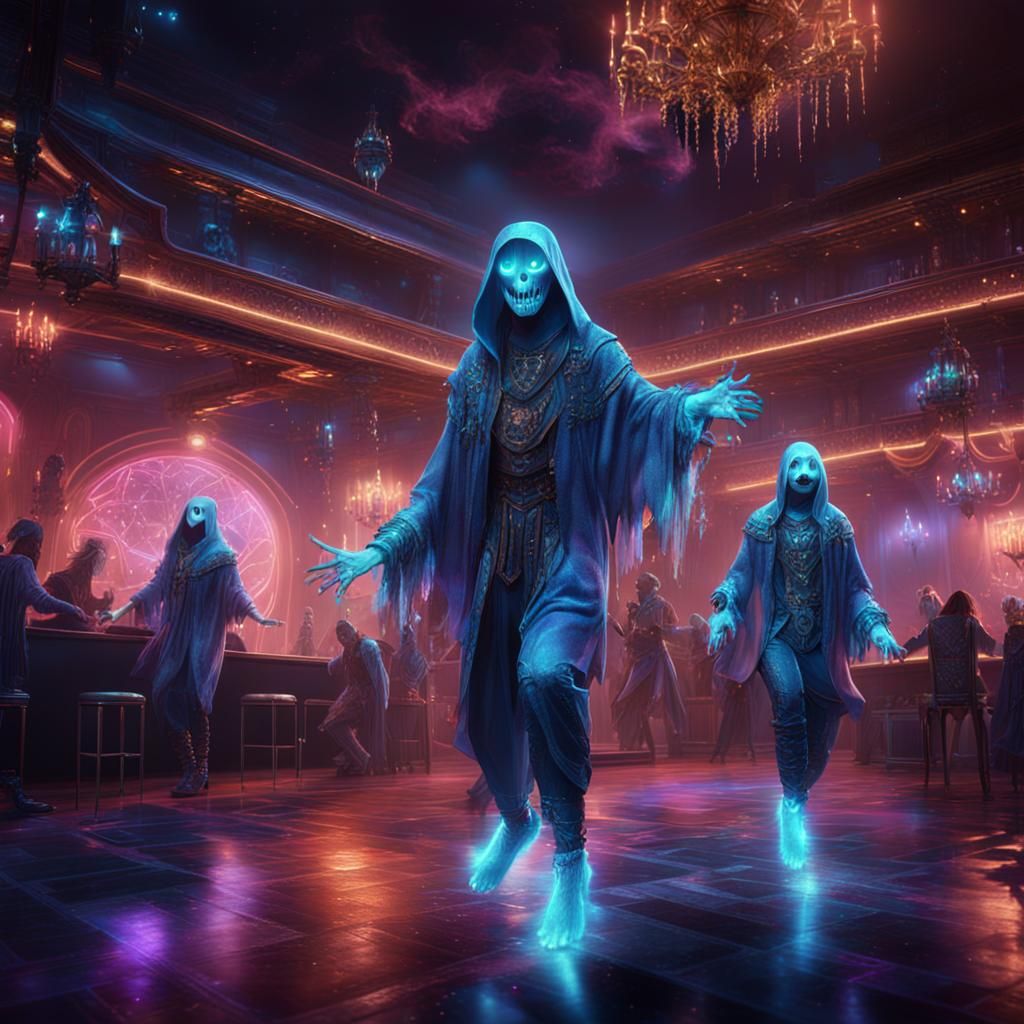 Ethereal Ghosts Dancing in Nightclub, Detailed Fantasy Art