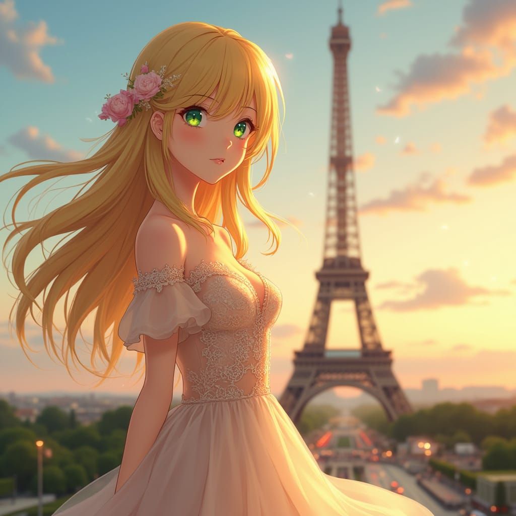 Anime-Inspired Maiden in Front of the Eiffel Tower