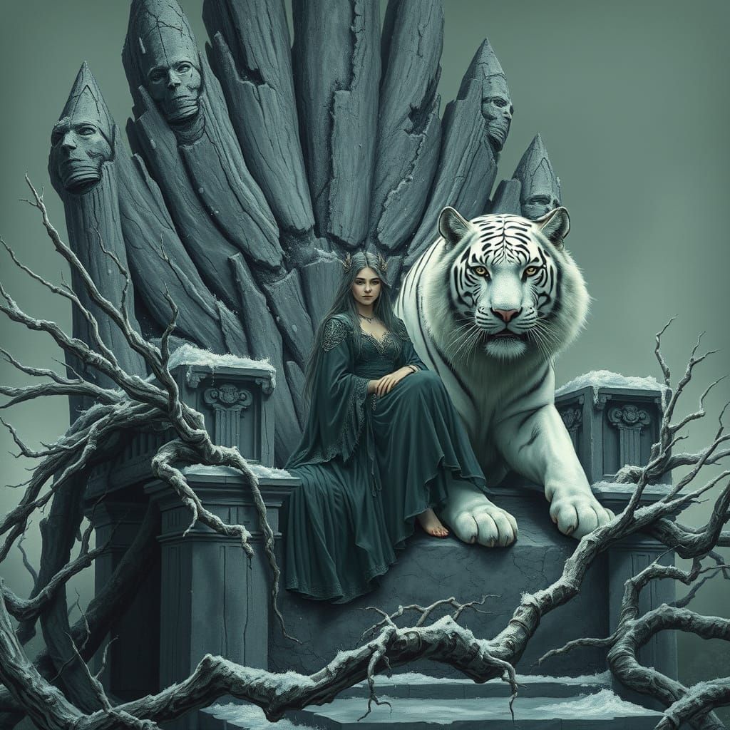 Regal Woman and Ghostly Tiger on Frostbound Throne