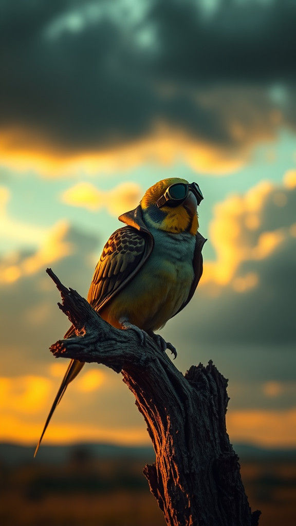 British Budgerigar Strategist in Atmospheric Film Still