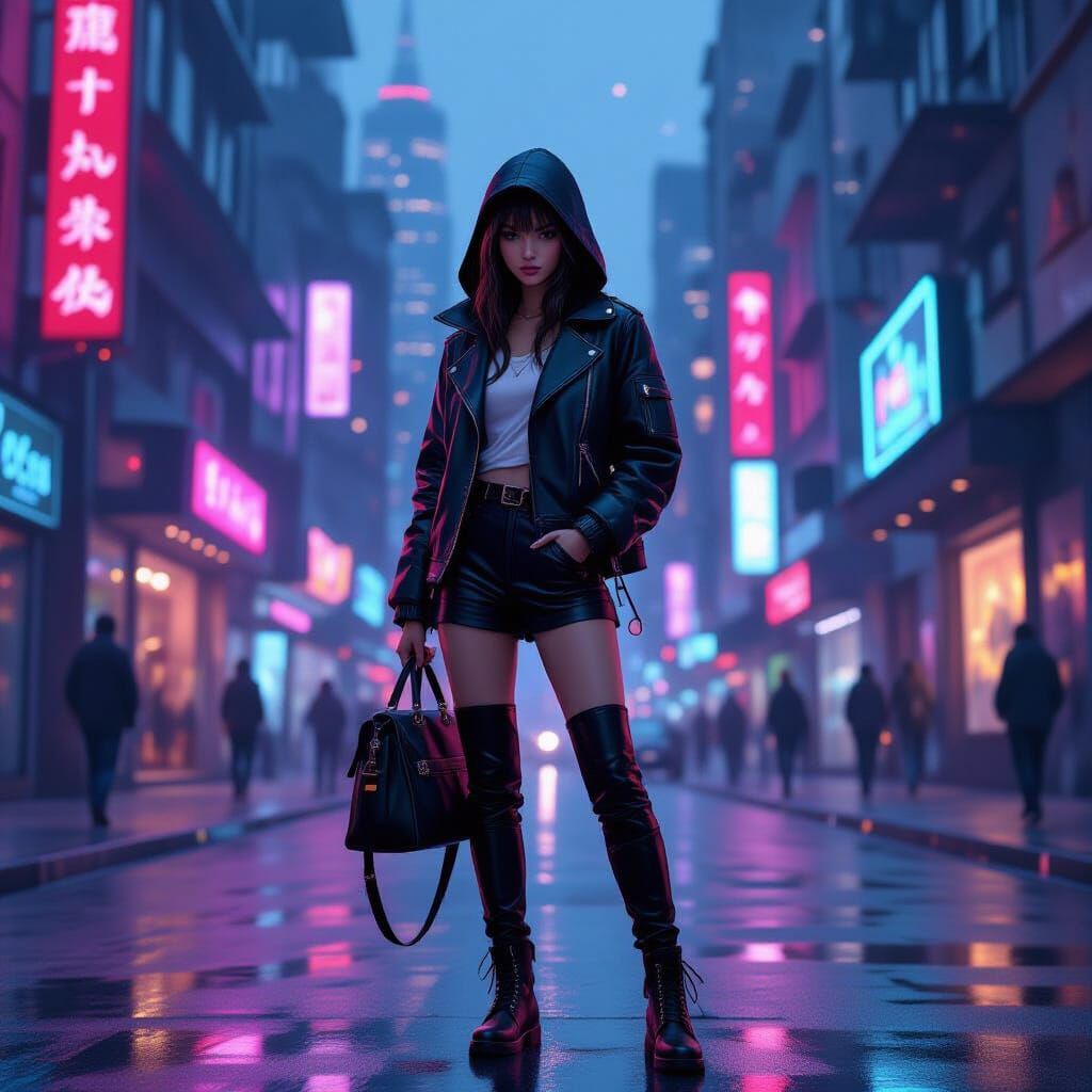 Girl in Town Square with Neon Lights, Digital Art