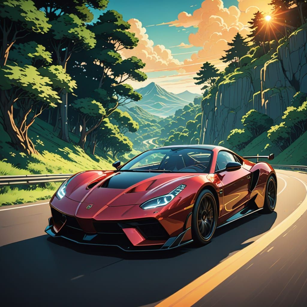 Anime-Inspired Art Nouveau Goddess in a Speeding Sportscar