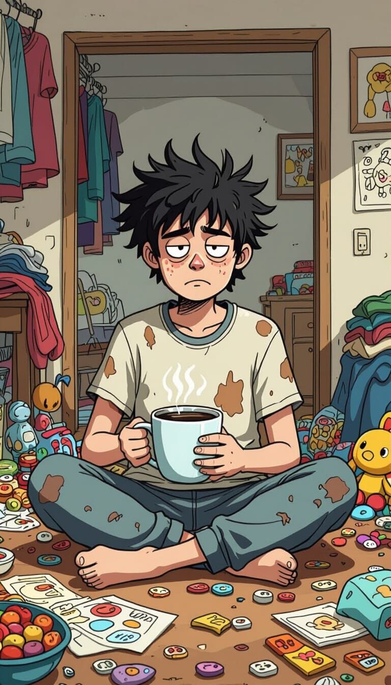Tired Person with Coffee in Cartoon Realism Style