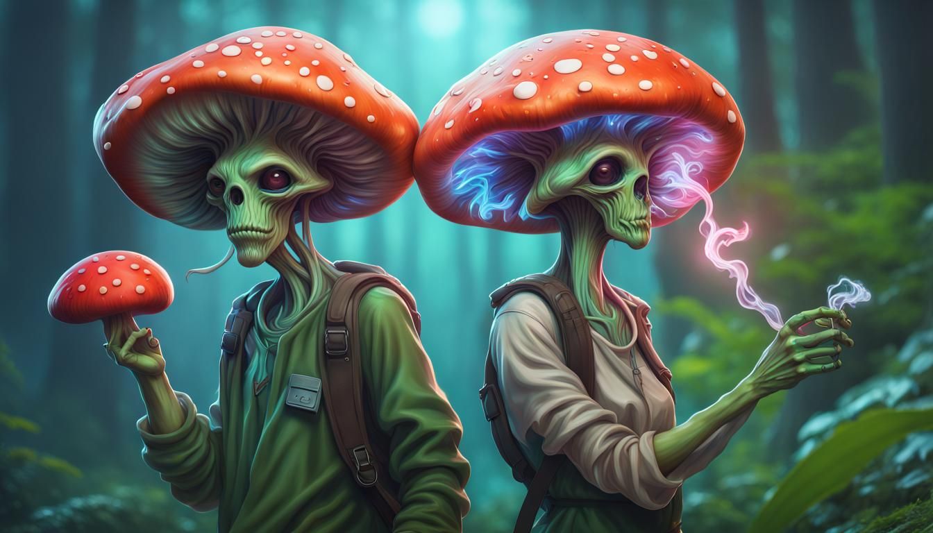 Mushroom Aliens Smoking Weed in Hyperreal Detail