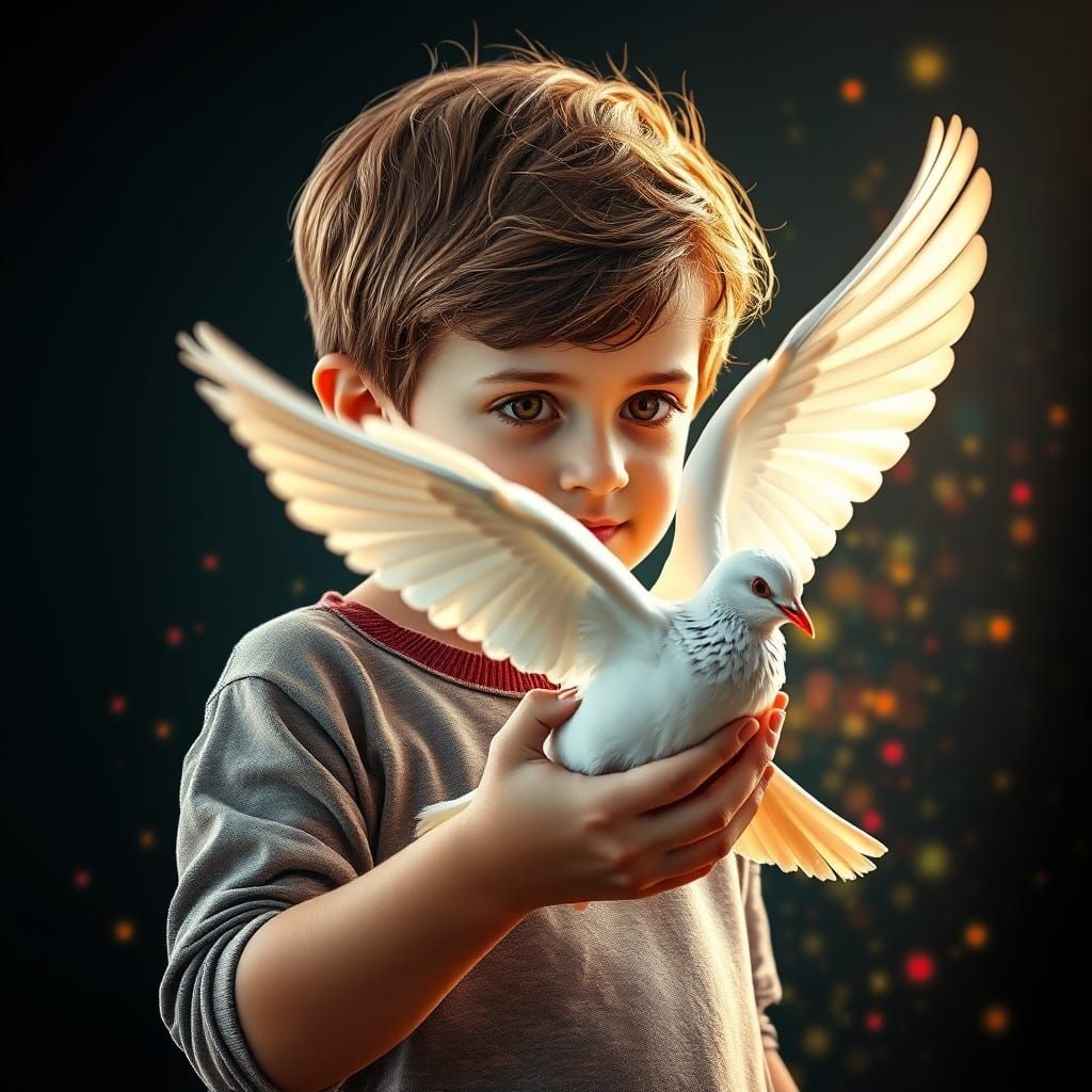 Hyperrealistic Portrait of a Young Boy with a Dove