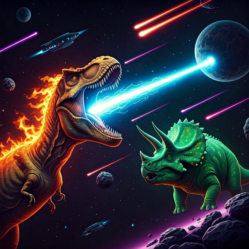 Epic 80s-Style Cosmic Battle Between a Tyrannosaurus Rex and...