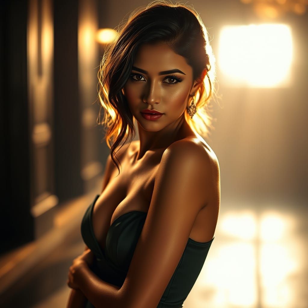 Hyperrealistic Portrait of a Stunning Woman in a Golden Glow