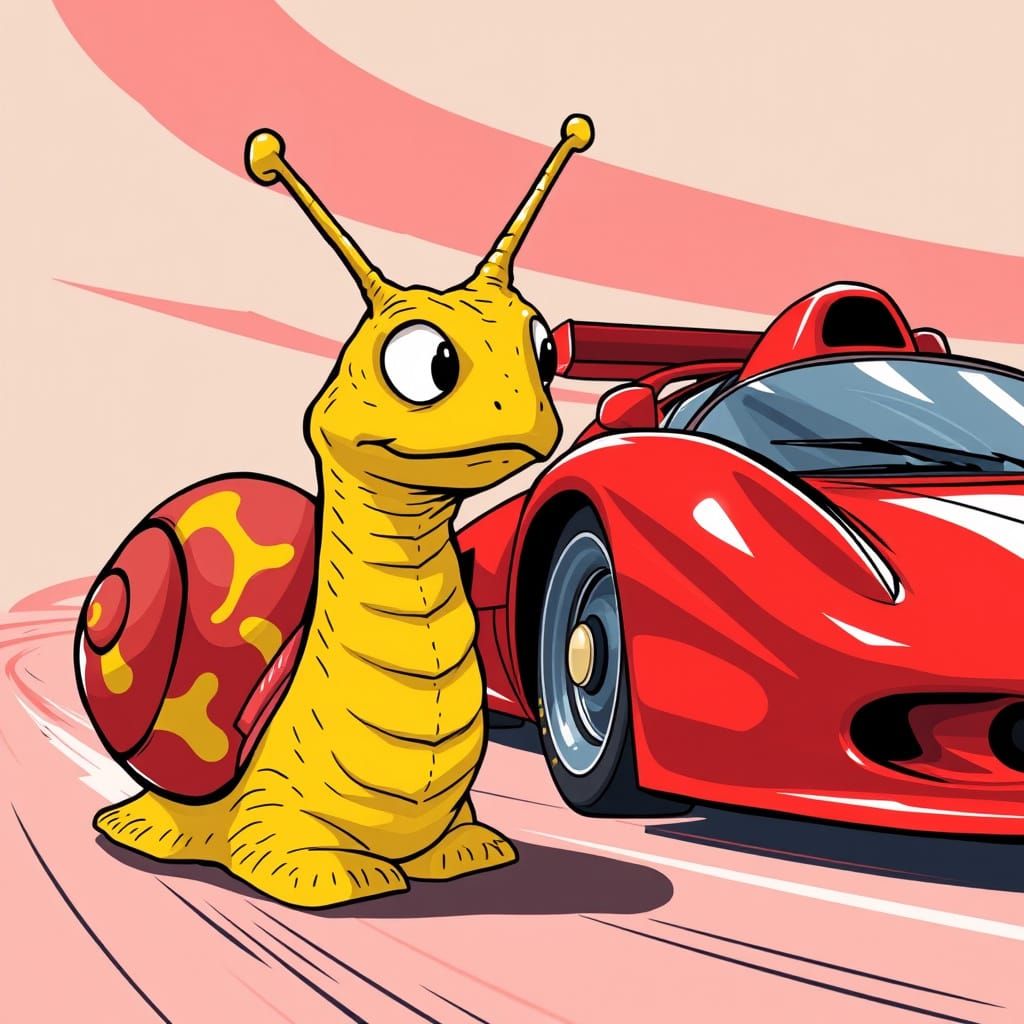 A Curious Snail looking at a race car curiously caricature m...