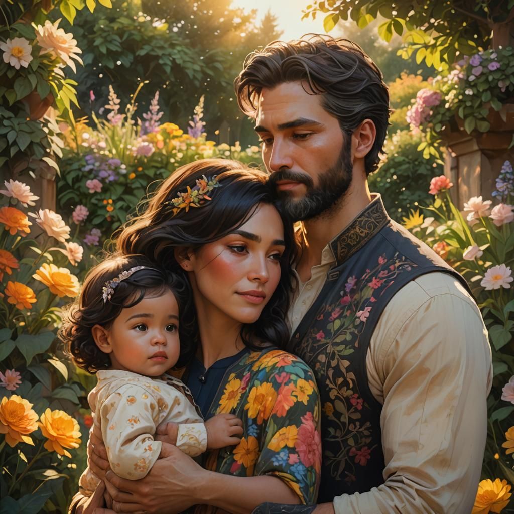 Family Portrait in Sunlit Garden, Watercolor Style