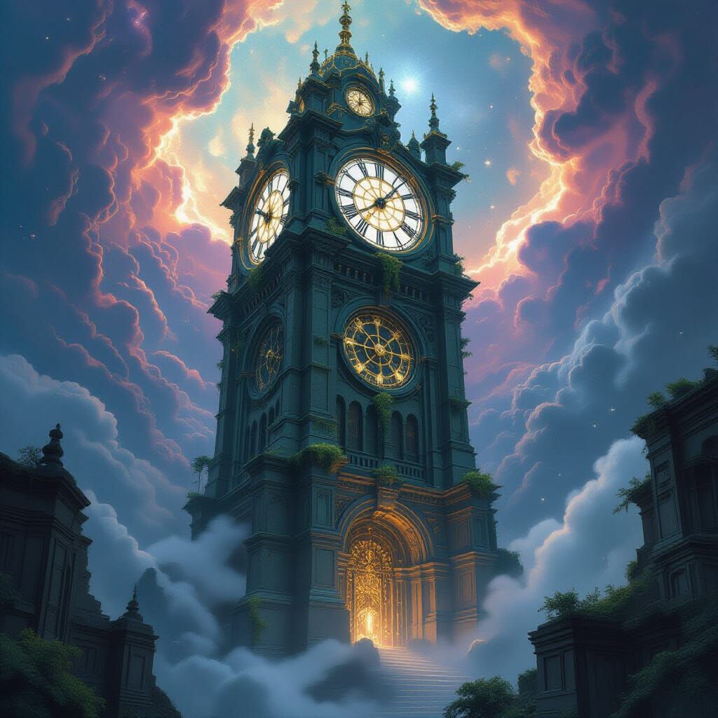 Ancient Stone Clock Tower in Cosmic Nebula