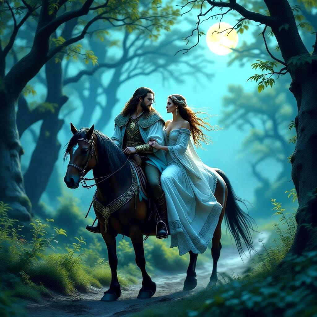 Mystical Celtic Couple Rides Horse Through Enchanted Forest