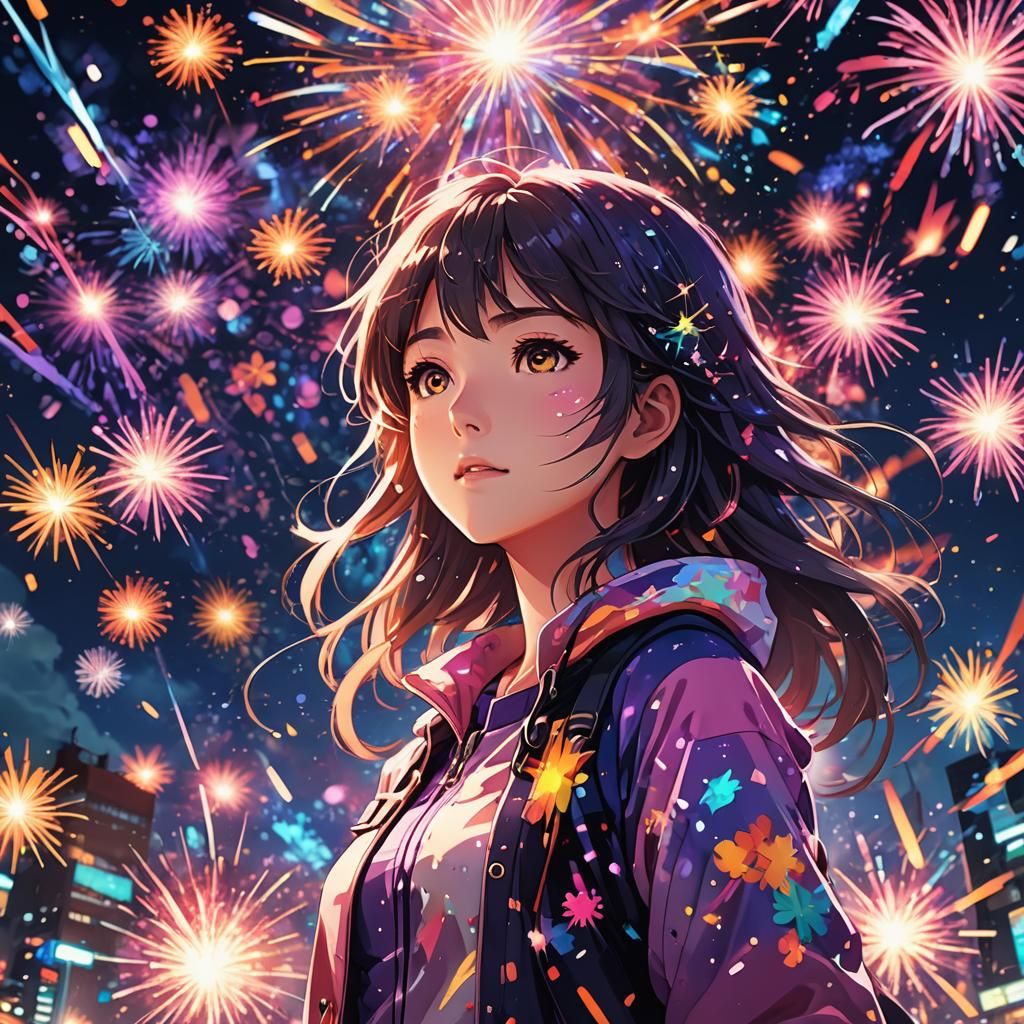 Anime Girl in Fireworks Explosion: Vibrant Digital Art