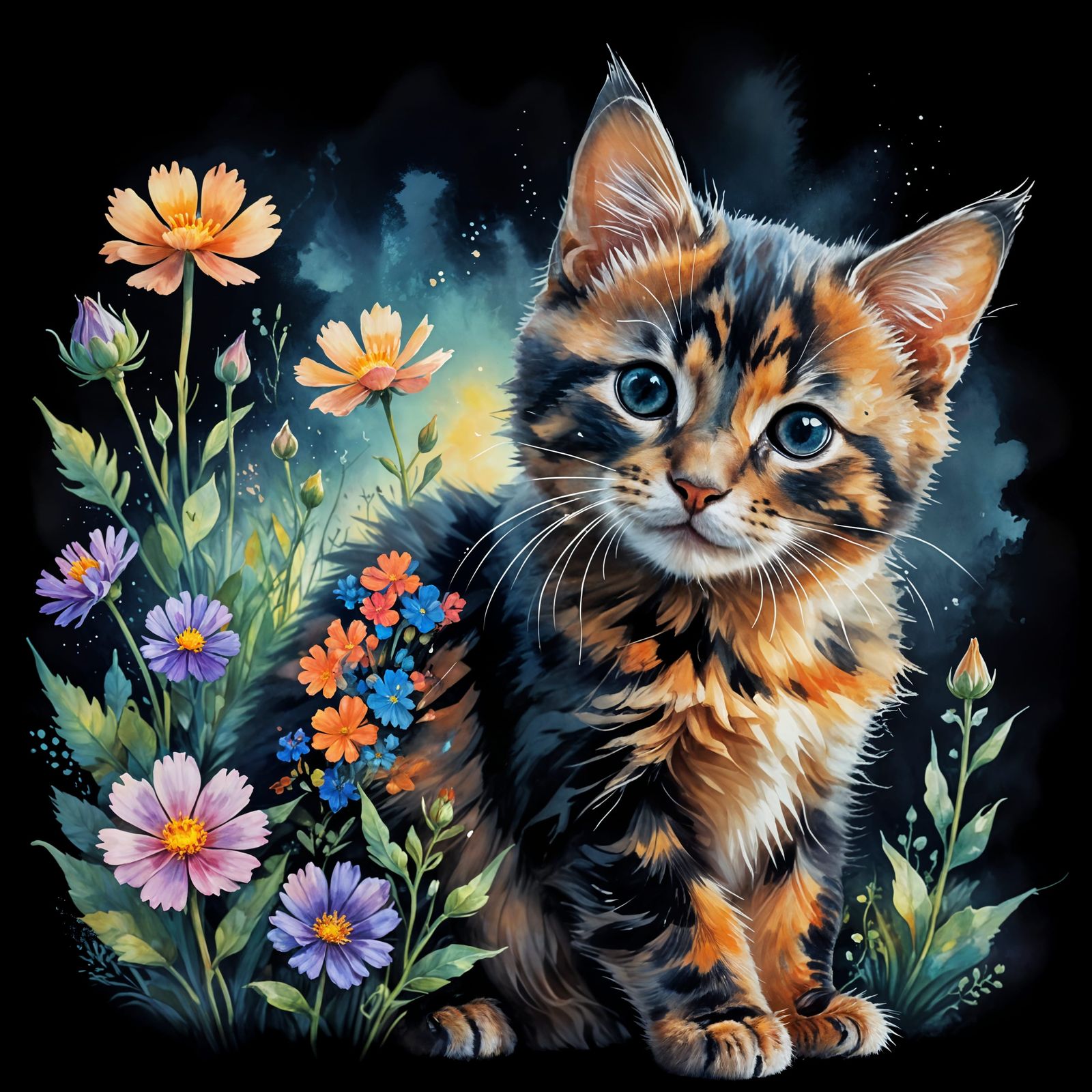 Double Exposure Kitten with River Valley Painting