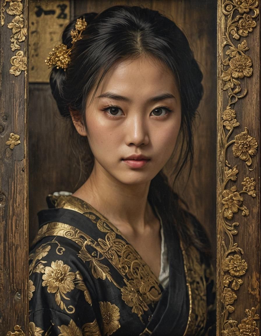 Charming Japanese Woman Portrait on Antique Gold Print
