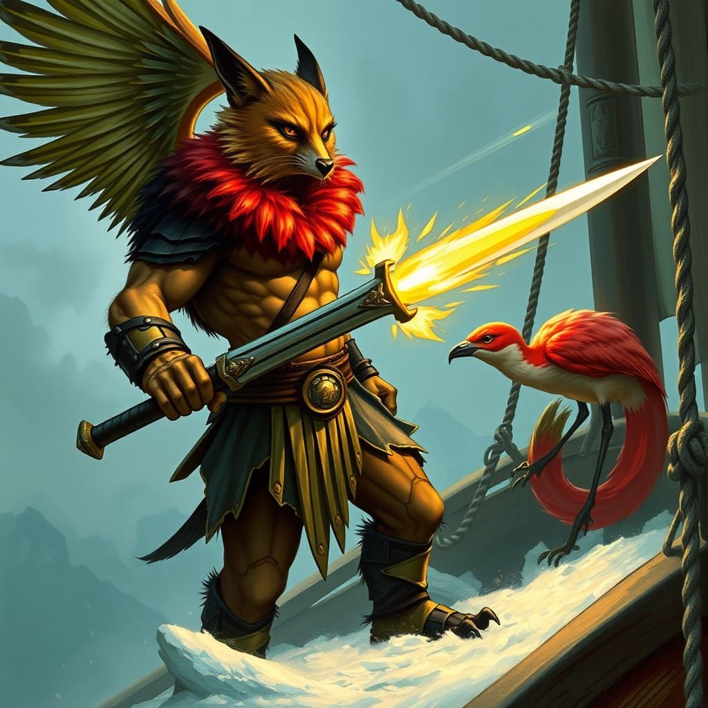 Fox Norse Warrior on Ship in Icy Fjord