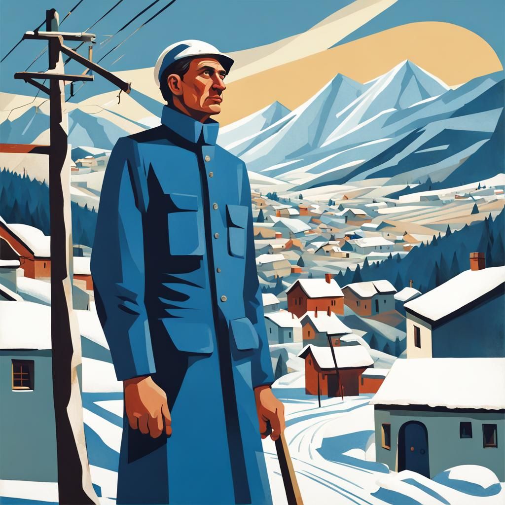 Mountain Village Man in Blue Apron: Constructivist Poster Ar...