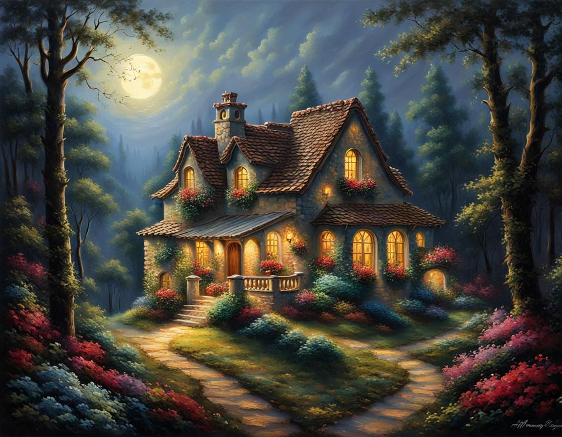 Mediterranean House in Forest, Kinkade-Style Painting