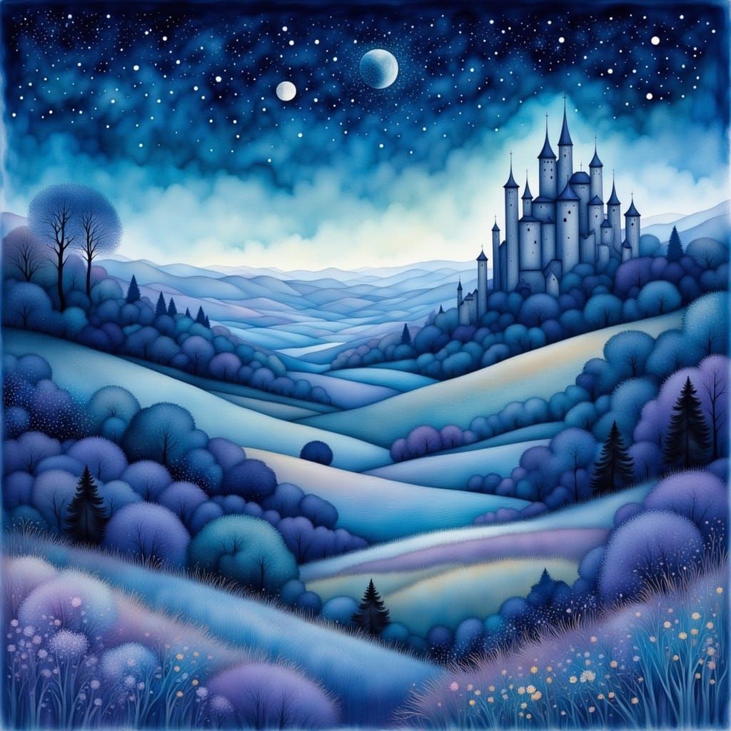 Whimsical Kingdom Landscape in Liquid Ink Style