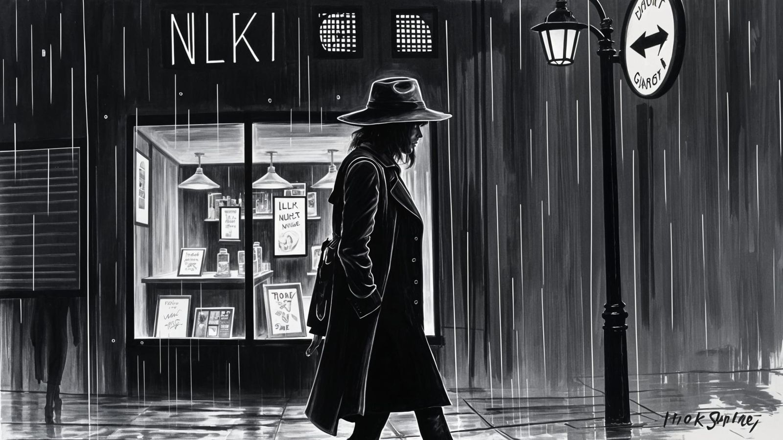 Noir Detective in Rainy Cityscape: Oil and Ink