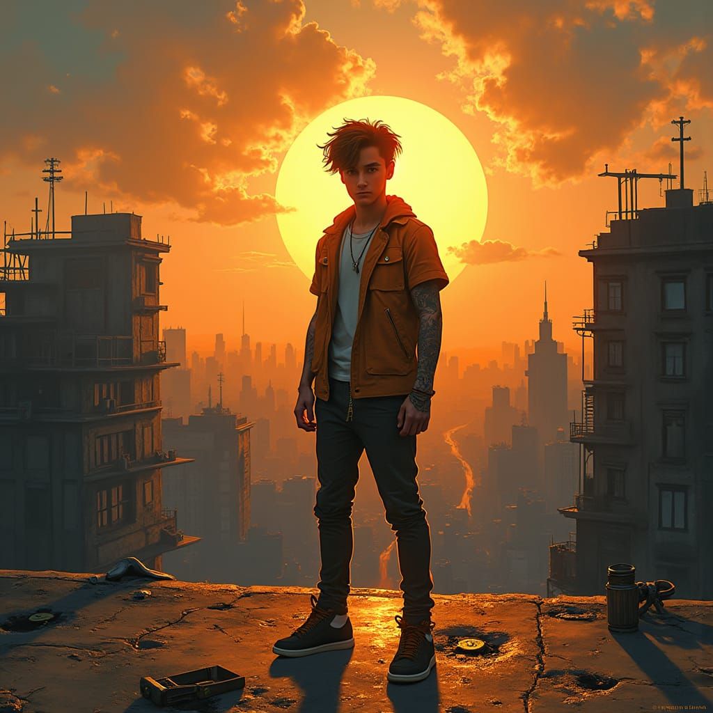 Artist on Rooftop at Sunset, Cityscape View
