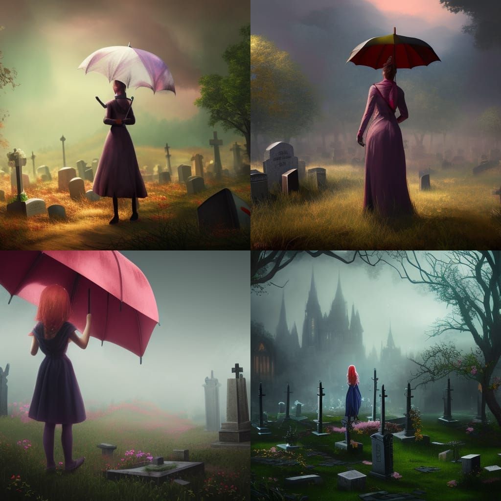 Girl at Grave: Detailed Matte Painting in Deep Color