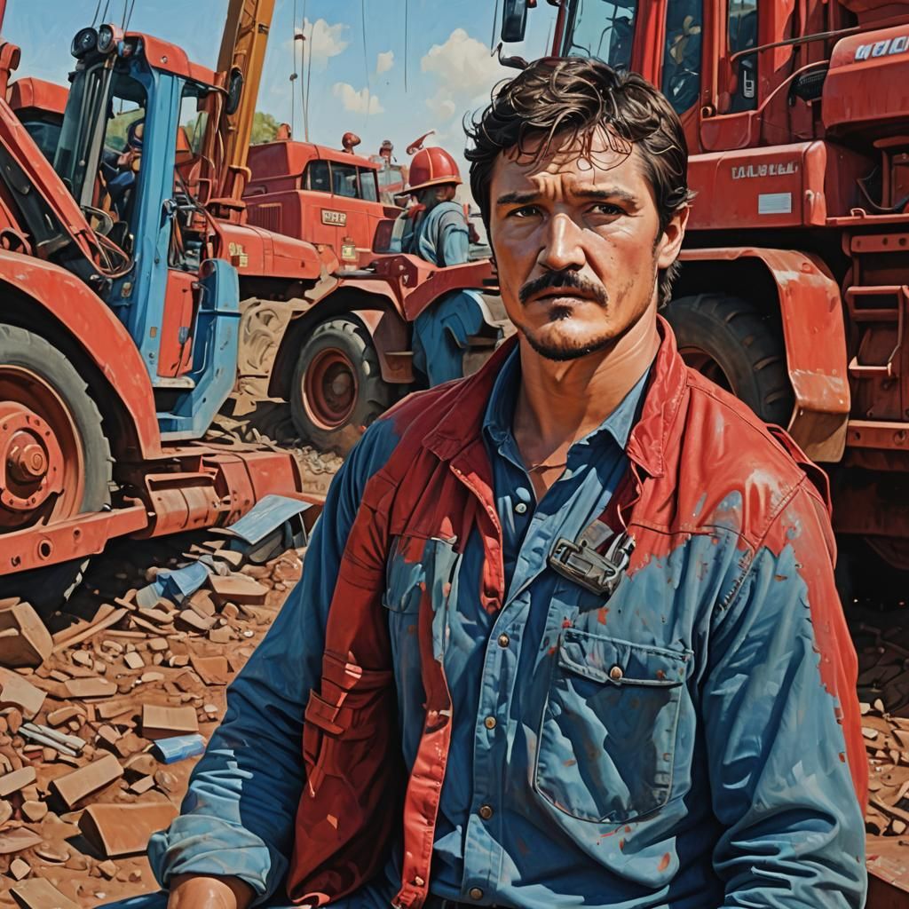 Colorful Portrait of Man by Red Bulldozer