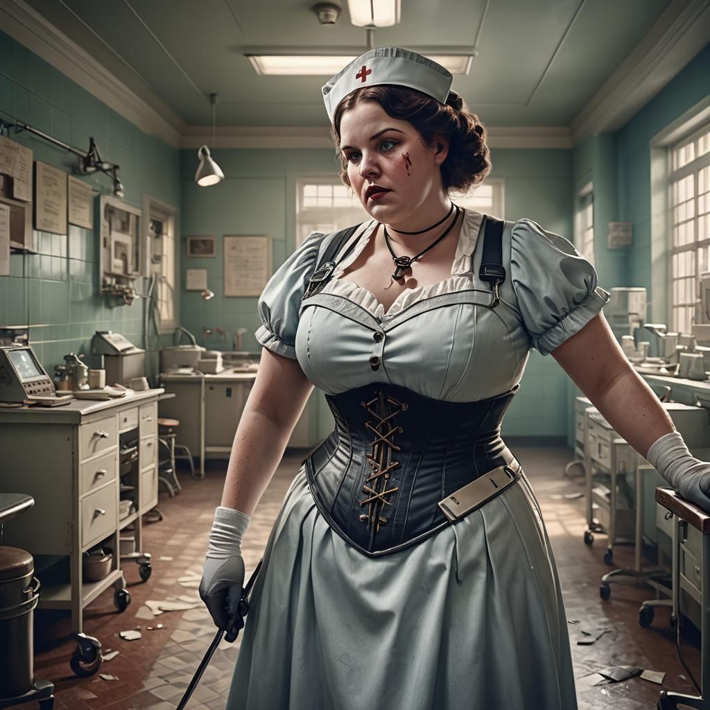 Vintage Nurse with Scalpel: Detailed Matte Painting