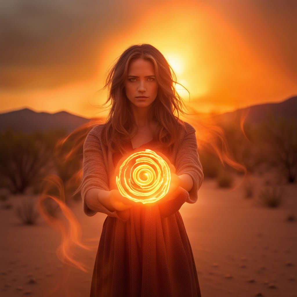 Young Woman Wielding Thermokinesis Powers at Desert Sunrise
