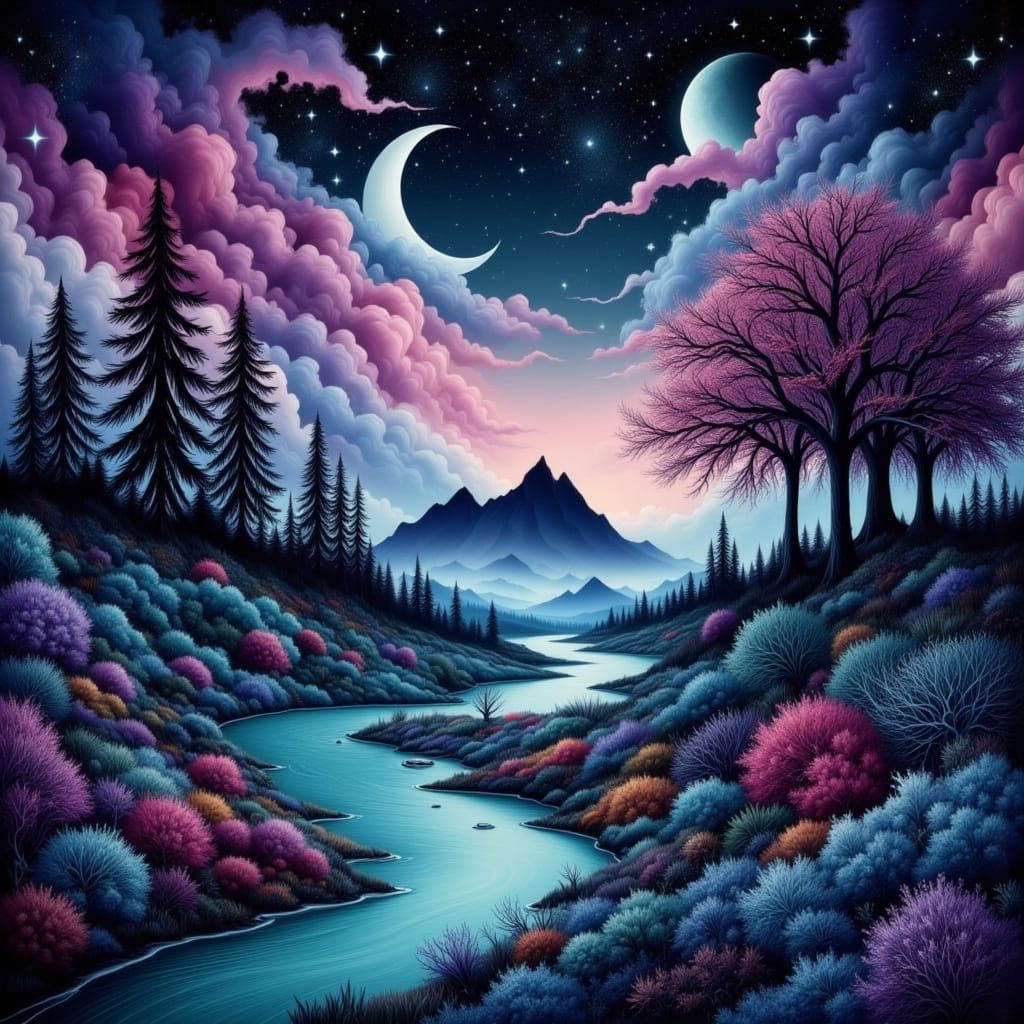 Surreal Forest Landscape in Dreamlike Noir Style