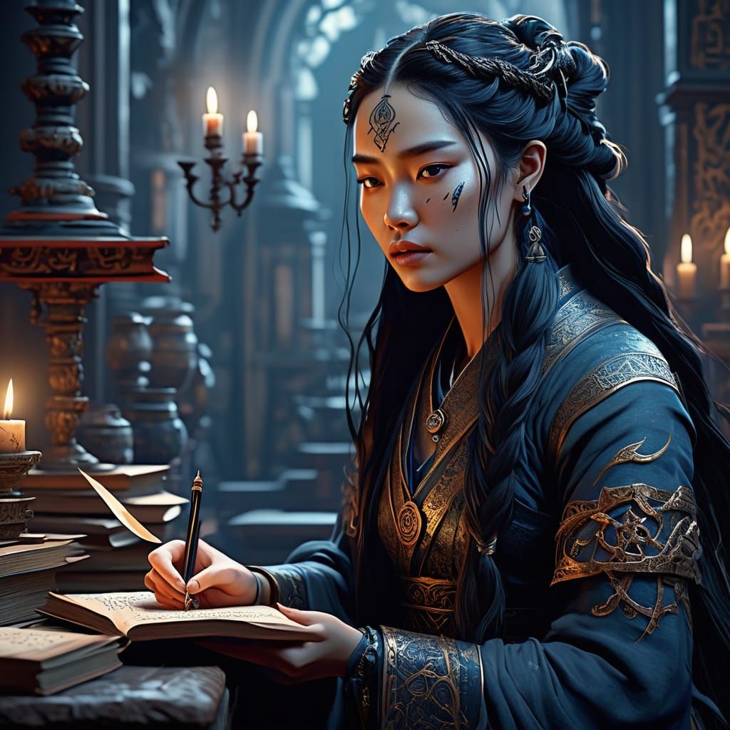 Fantasy Ink Sorceress in Ancient Library Setting