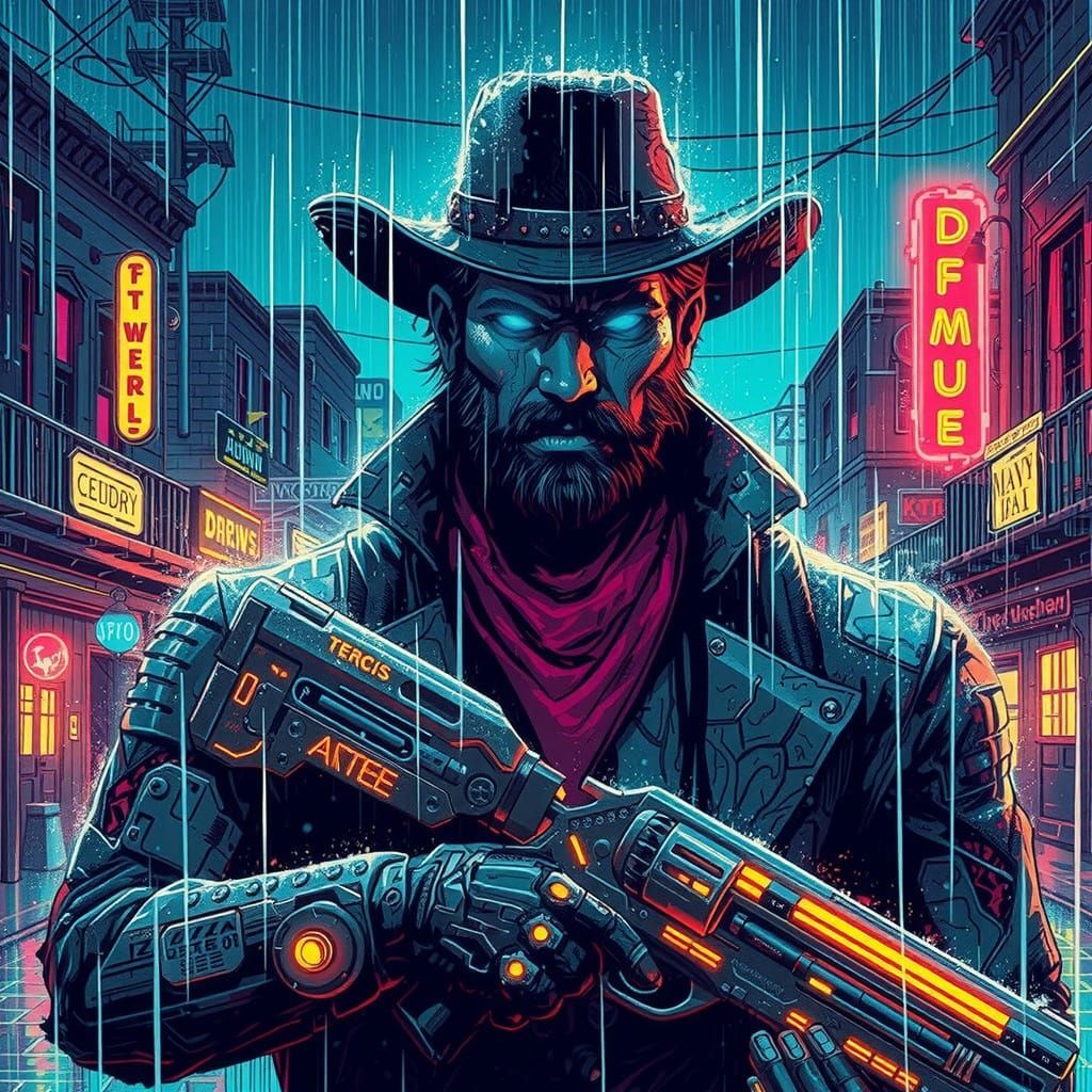 Cyberpunk Assassin in Neon Rainy Dystopia