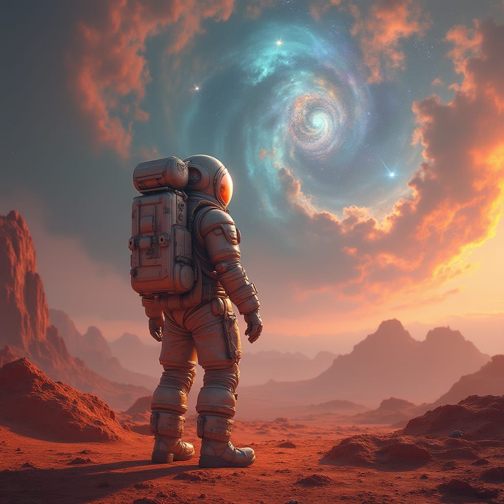 Astronaut Stands Amidst Cosmic Ruins in Vast Nebula Landscap...