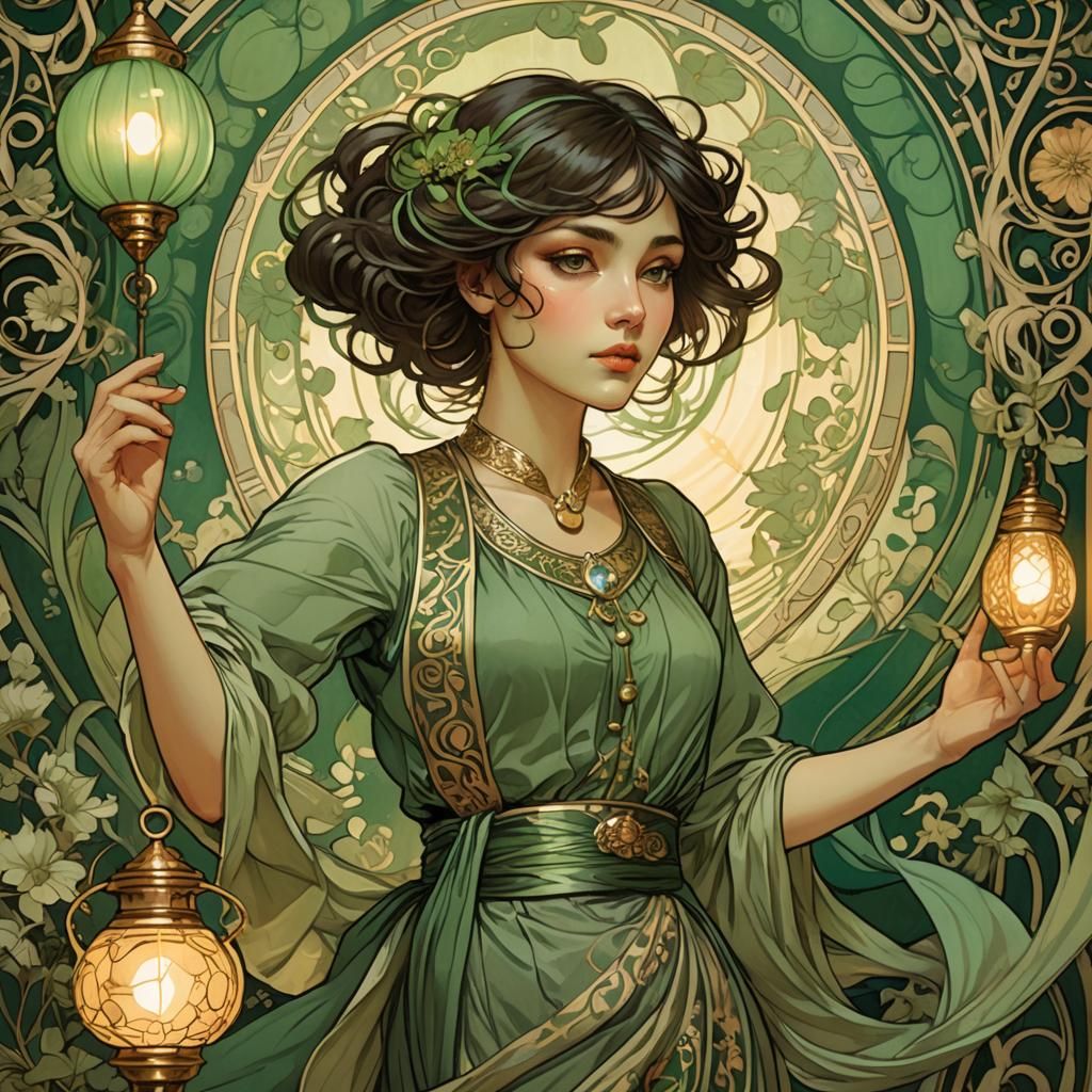 una mujer joven, ojos grandes verdes, nariz pequeña, labios ...