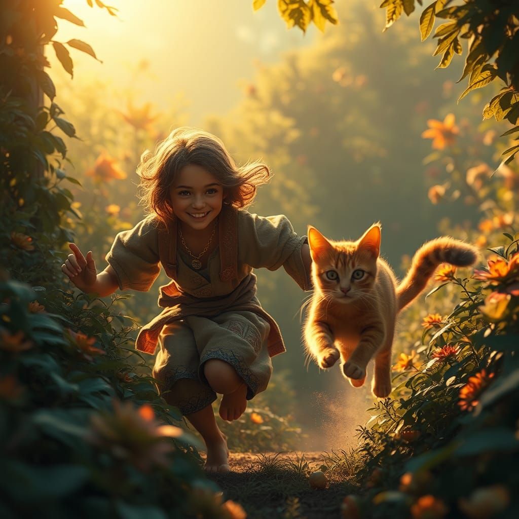 Magical Scene of Human and Cat in Dreamlike Realm
