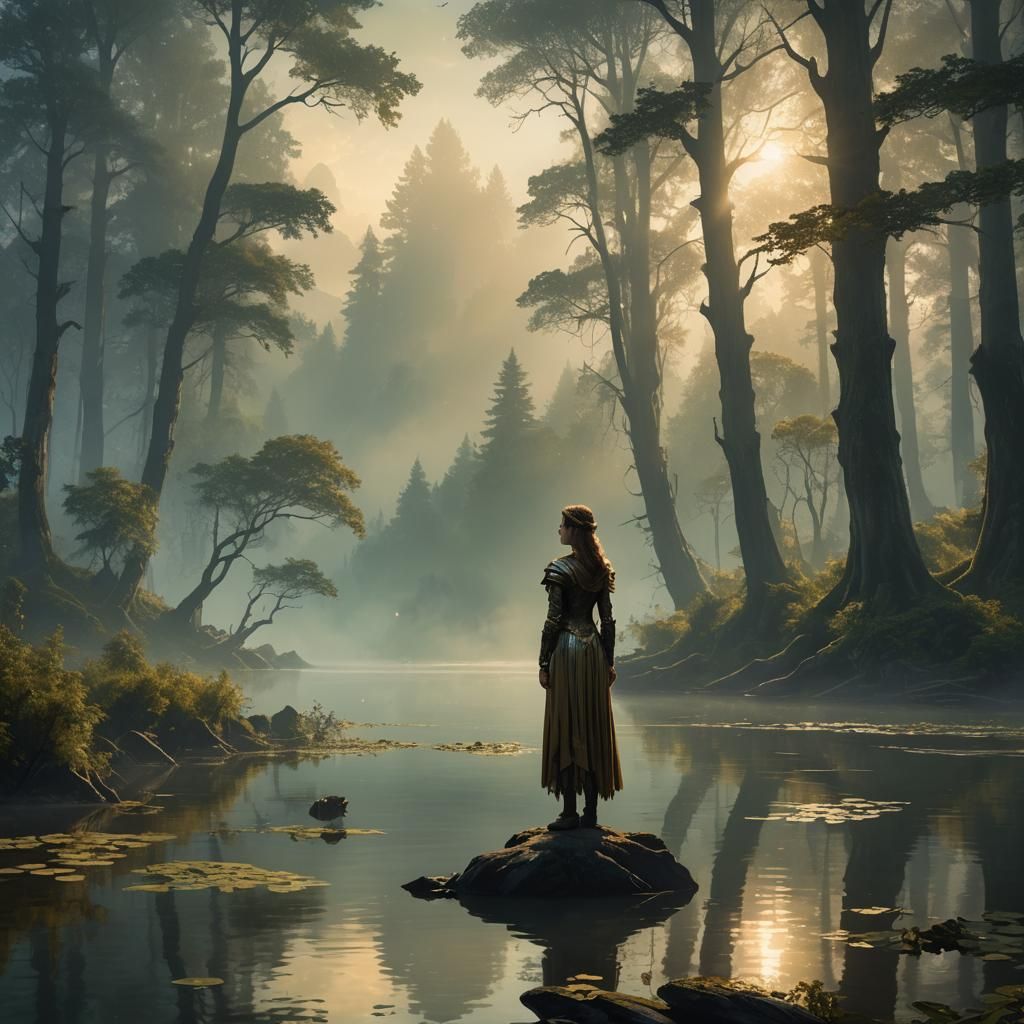 Regal Woman on Misty Lake, Art Nouveau Style