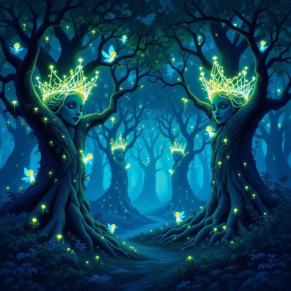 Enchanted Forest with Fungi Crowns and Sprite Lights