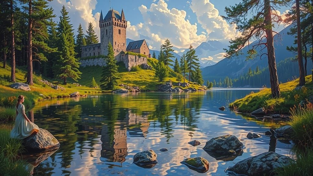 Woman Walks by Serene Lake with Castle Ruins in Golden Hour