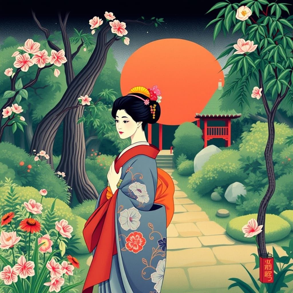Geisha in Japanese Garden, Ukiyo-e Style Art