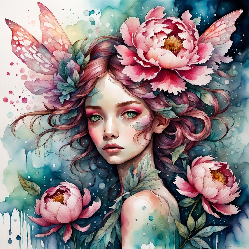 Peony Fairy in Gouache and Watercolor Style