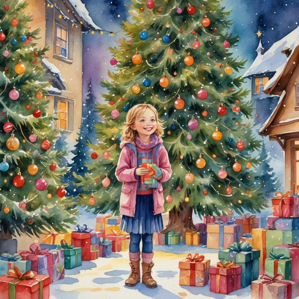 Joyful Child in Winter Wonderland: Vibrant Watercolor Painti...