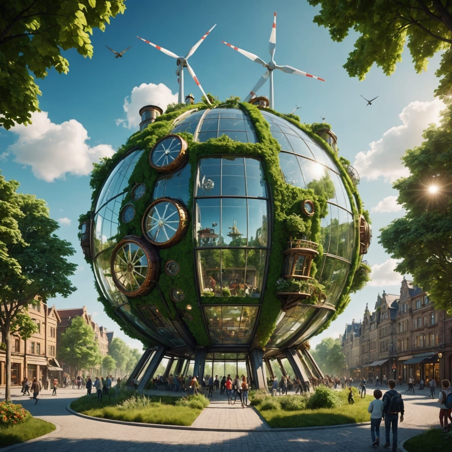 Green Glass Ball Building with Wind Turbines